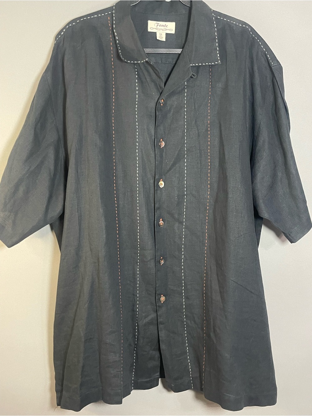 Forte Vintage Black Button-Up Linen Shirt with Pinstripe Stitching